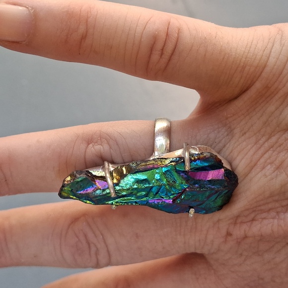 New Rainbow Titanium Crystal Quartz 925 Silver Statement Ring. - Picture 8 of 16